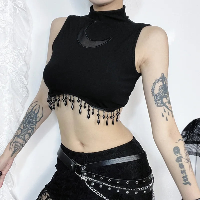 Goth Dark Cyber Y2K Skinny Turtleneck Tank Top Sexy Moon Chain Tassel Sleeveless Crop Tops Gothic Women Punk Streetwear Alt Vest