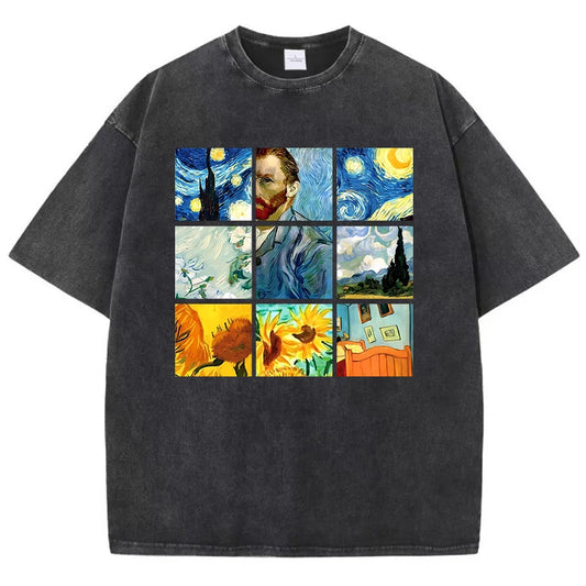 Cotton Woman Washed T-Shirts Van Gogh'S Starry Night And Sunflowers Prints Tops Distressed Oversized Tees Casual Female Clothes