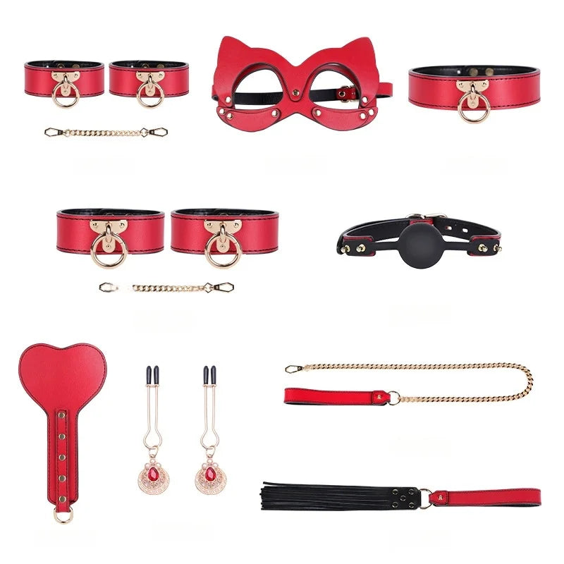 Genuine Leather BDSM Bondage Set - High Quality Fetish Handcuffs, Collar, Gag & Whip for Women, Couples Adult Erotic Sex Toys
