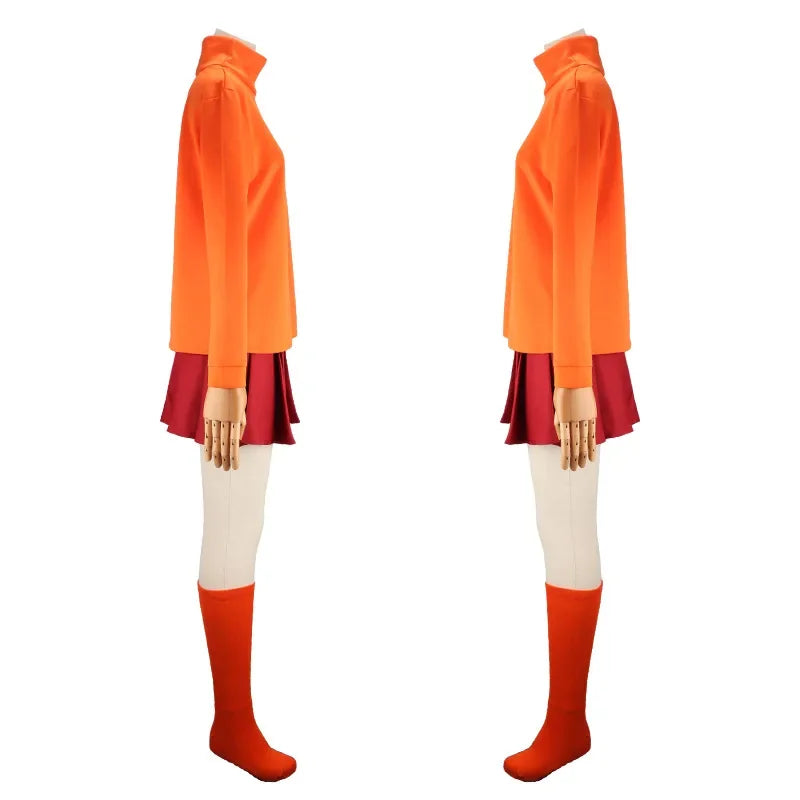 Anime Velma Seragam Cosplay Kostum Orange Short Skirt Uniform Wanita Oranye Kaus Kaki Rok Atas Halloween Party Carnival Set