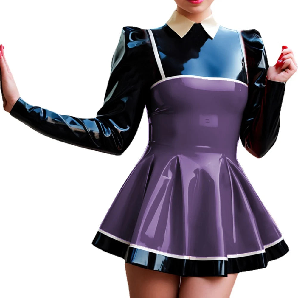 Wetlook-Glossy PVC Patchwork Mini Dress, Lapel Neck, Puff Sleeve, A-line Dress, Faux Latex, Long Sleeve, High Street, Party Club