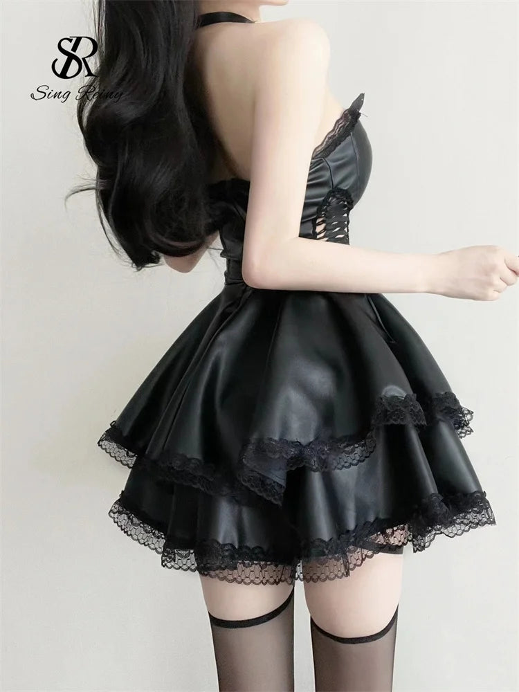 SINGREINY Leather Sheath Sexy Dress Strapless A-line Solid Lace Up Ruffles Dress Fashion Women PU Spliced Lace Sensual Dress
