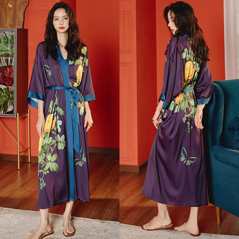 Oversize Long Robe Spring Summer Women Sleepwear Kimono Bathrobe Gown Sexy Satin Nightwear Nightgown Loose Home Dressing Gown