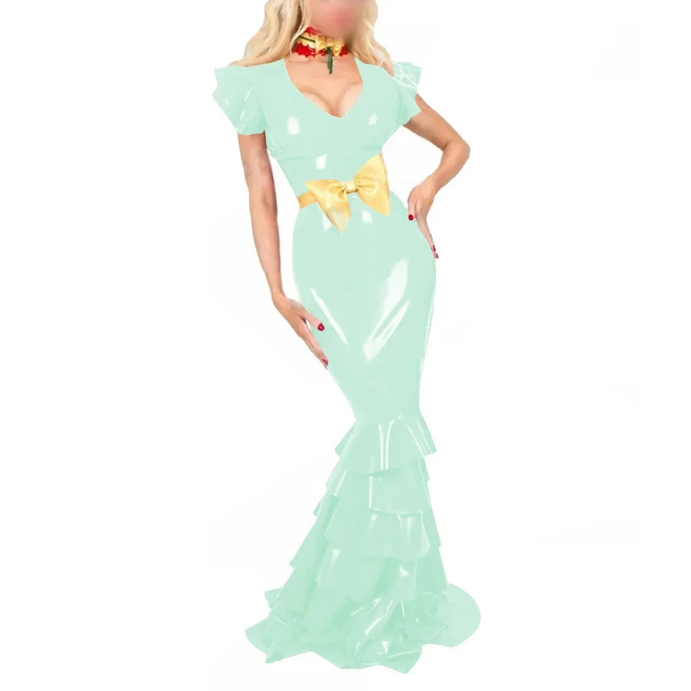 Plus Size Sexy V Neck Hobble Dress Vestido PVC Leather Short Sleeve Slim Ruffled Design Bodycon Maxi Dress Banquet Venue Gown