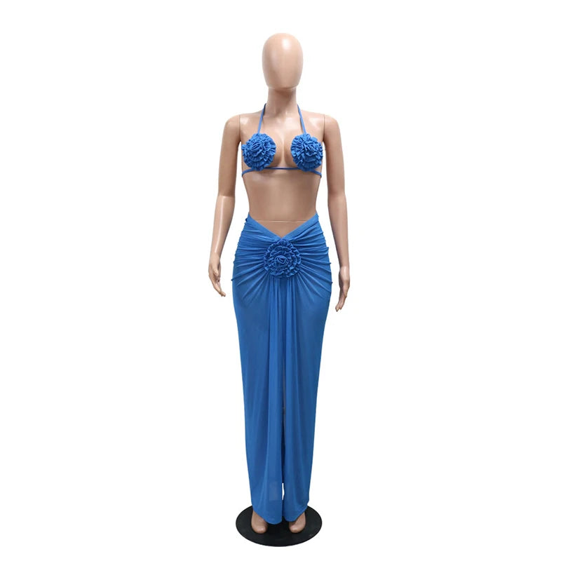 DEAT New 3 piece set Fashion Backless Halter Swimsuit For Women Beach Vacation Lace-up 3D Flower Bikini Suit Female 33A4132