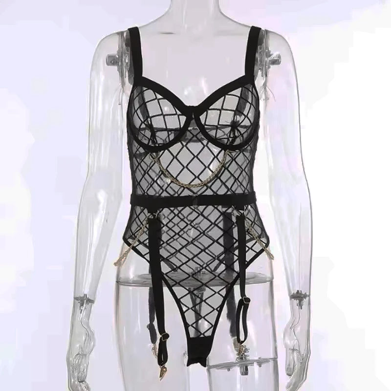 Toucheart Sexy Lingerie Female Mesh Suspender Bodysuit Sexy Suit Women Chain Open Transparent Lace Sissy Erotic Body Sexy Tights