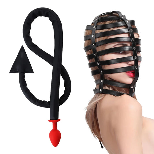 Bdsm Anonymous Mask Leader's Headgear Role Play Bondage Hood Adult Game Sexy Toy Devil's Tail Anal Plug Triangle Arrow Slave Whi