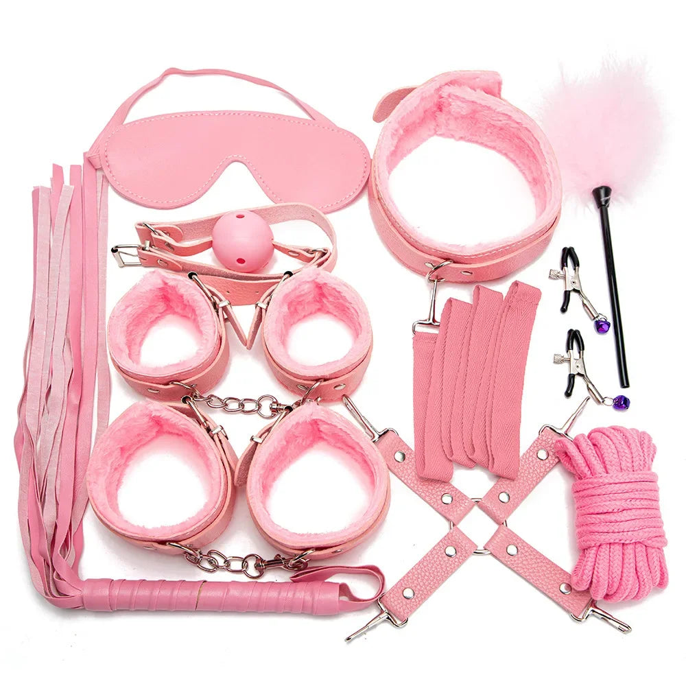 BDSM Kits Sexy Leather Plush Sex Bondage Set Handcuffs Sex Games Whip Gag Nipple Clamps Sex Toys For Couples Exotic Accessories
