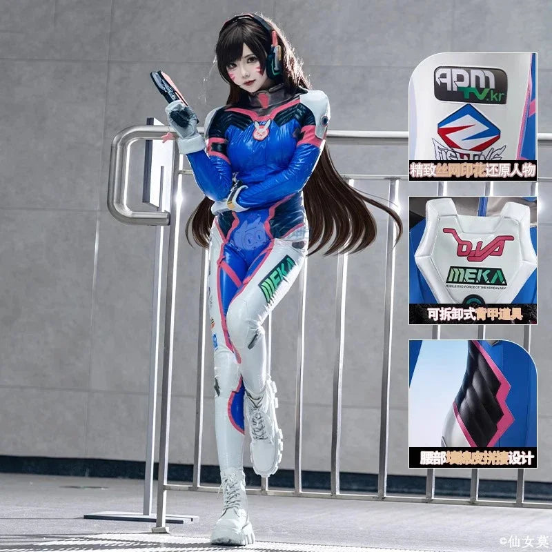 Game Overwatch Dva Song Hana Cosplay Costume Women Cute Elasticity Leather Jumpsuit Zentai Suit Halloween Carnival Party Clothes