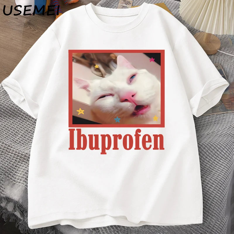Ibuprofen Cat Meme Tshirt Funny Cat Graphic Tee Cute Cat Lover Cotton T-Shirt Casual Funny T Shirts Unisex Oversized Tshirt Tee
