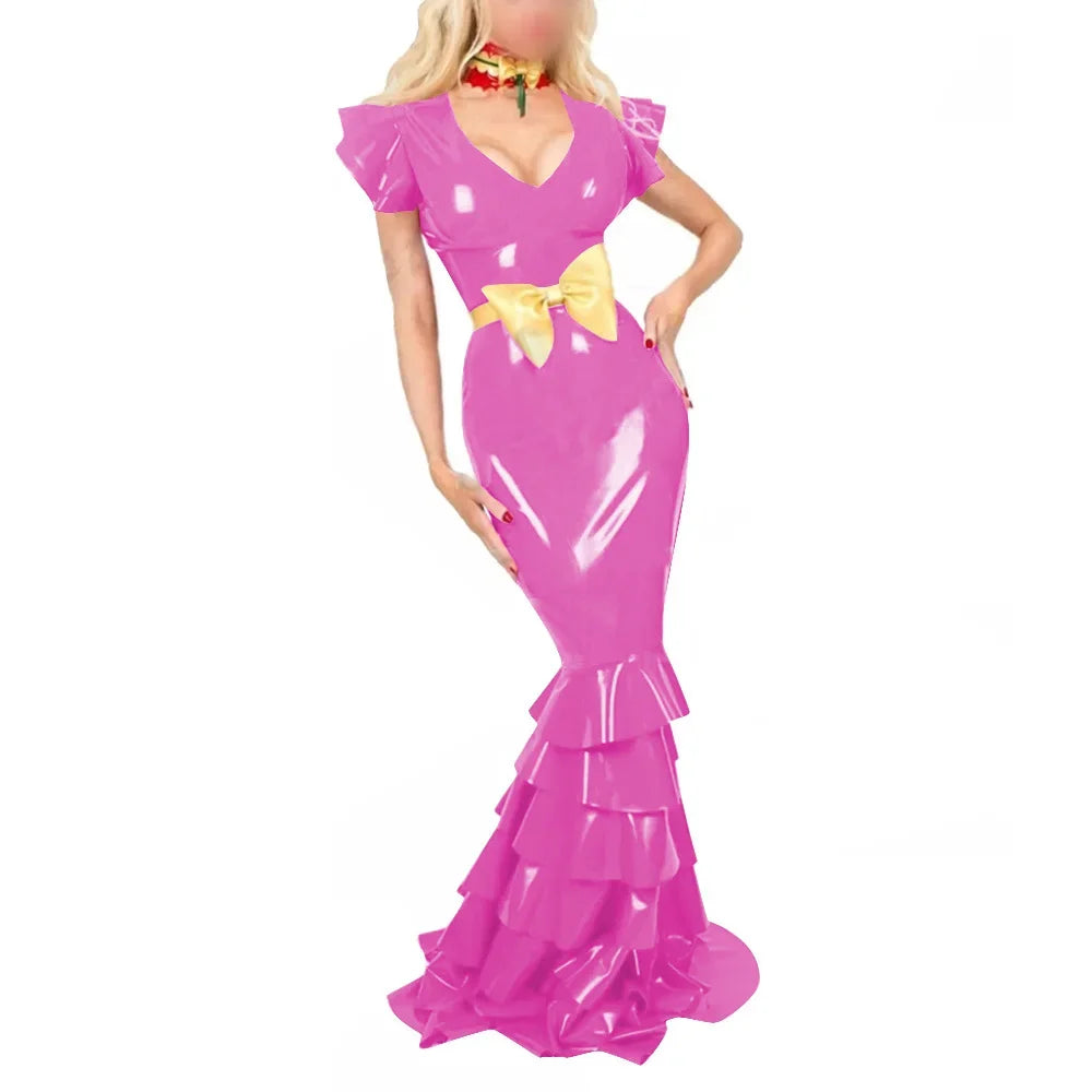 Plus Size Sexy V Neck Hobble Dress Vestido PVC Leather Short Sleeve Slim Ruffled Design Bodycon Maxi Dress Banquet Venue Gown