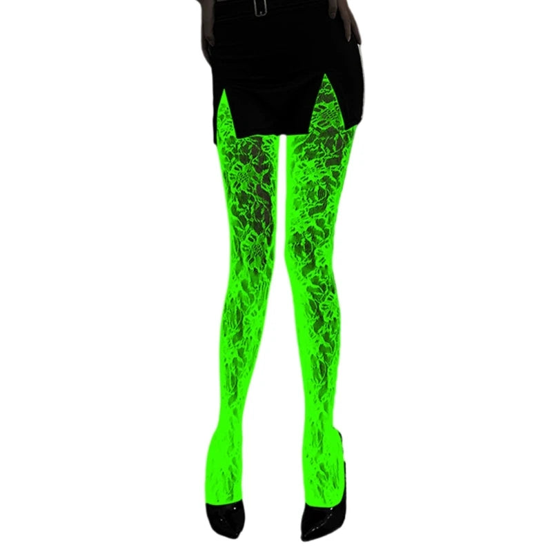Women Glow in Dark Halloween Fishnet Pantyhose Luminously Spiderweb Skull Pattern Mesh Tights Stockings Party Hosiery