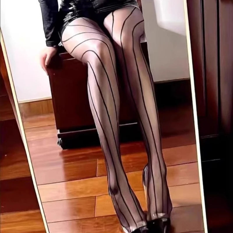 5D Aurora Series Oil Shiny Silky Nylon Stockings Women Black Sexy Striped Ultra Thin Transparent Open Crotch Pantyhose