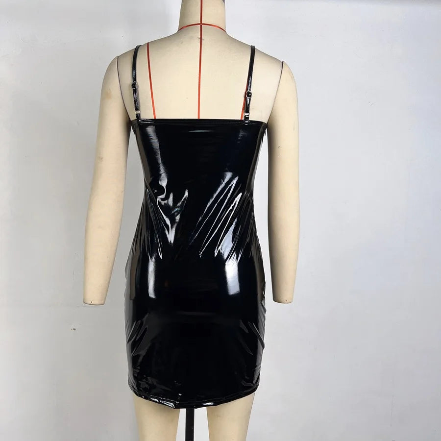 New Sexy Faux Leather Dress Backless Club Party Short Dress Solid Yellow Wet Look Latex Bodycon Push Up Bra Mini Micro Dress