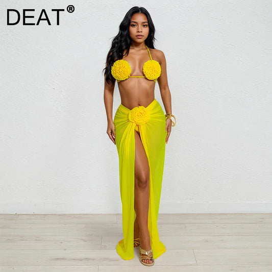 DEAT New 3 piece set Fashion Backless Halter Swimsuit For Women Beach Vacation Lace-up 3D Flower Bikini Suit Female 33A4132