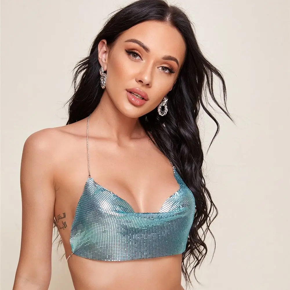 Sexy Metal Metallic Crop Top Women Beach Halter Corset Tops Glitter Backless Party Club Tank Top Clothes Top Camisole Croppe