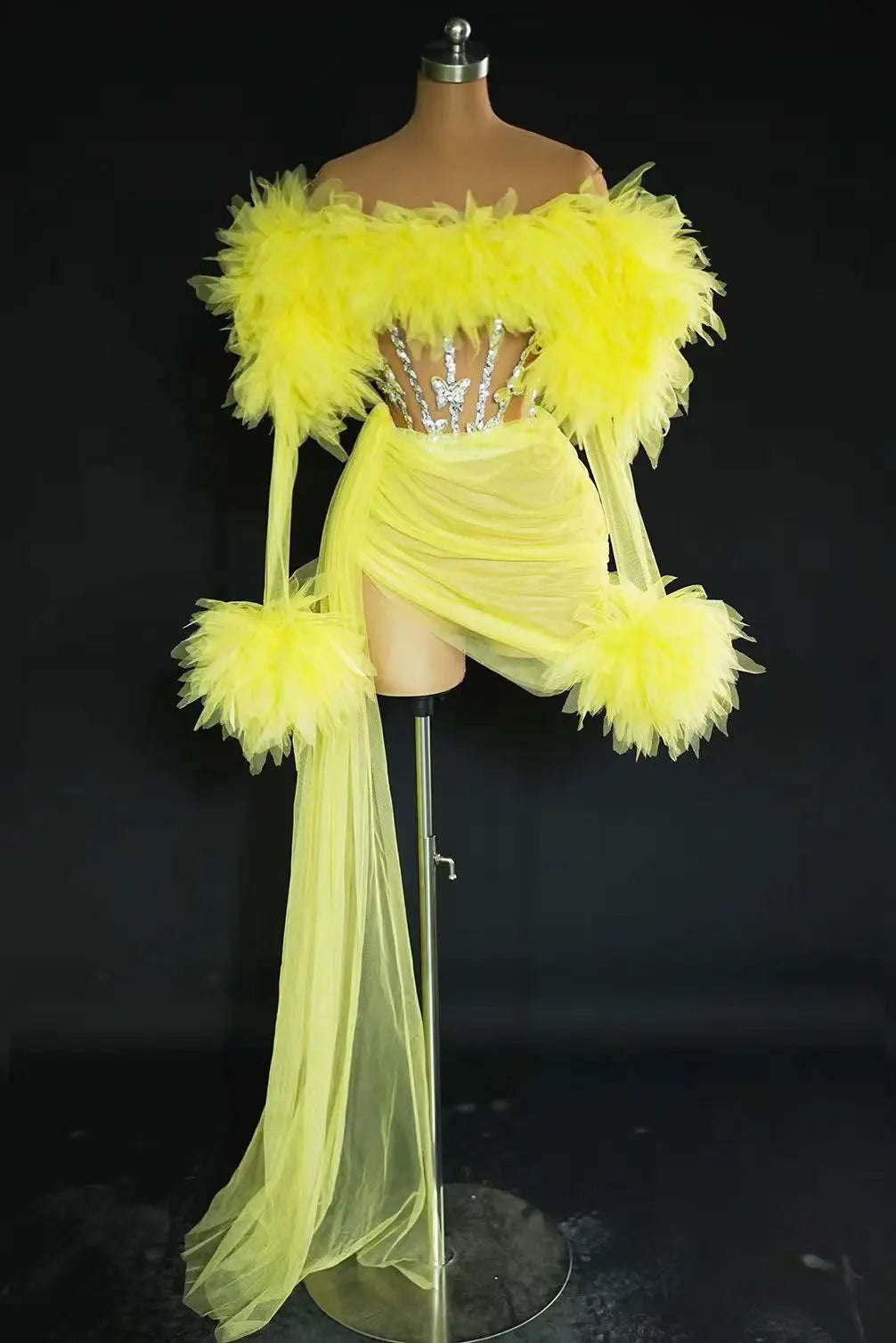 ASHBURN™ PLUME AFFAIR: Multi-Color Feathered Corset Gown with Side Drape