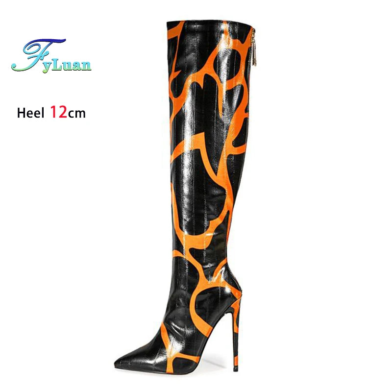 Fashion Print European and American Large Size Boots For Women 12CM High Heels Sexy Pointed Knee-High Boots Spring Autumn Shoes