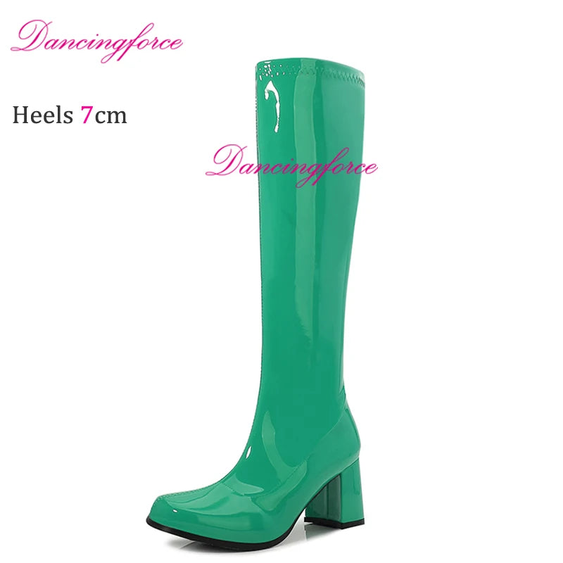 Orange Sexy Retro 60s 70s Gogo Boots 7cm Chunky Block Heel Club Knee High Boots CrossDressing Unisex Shoes Women