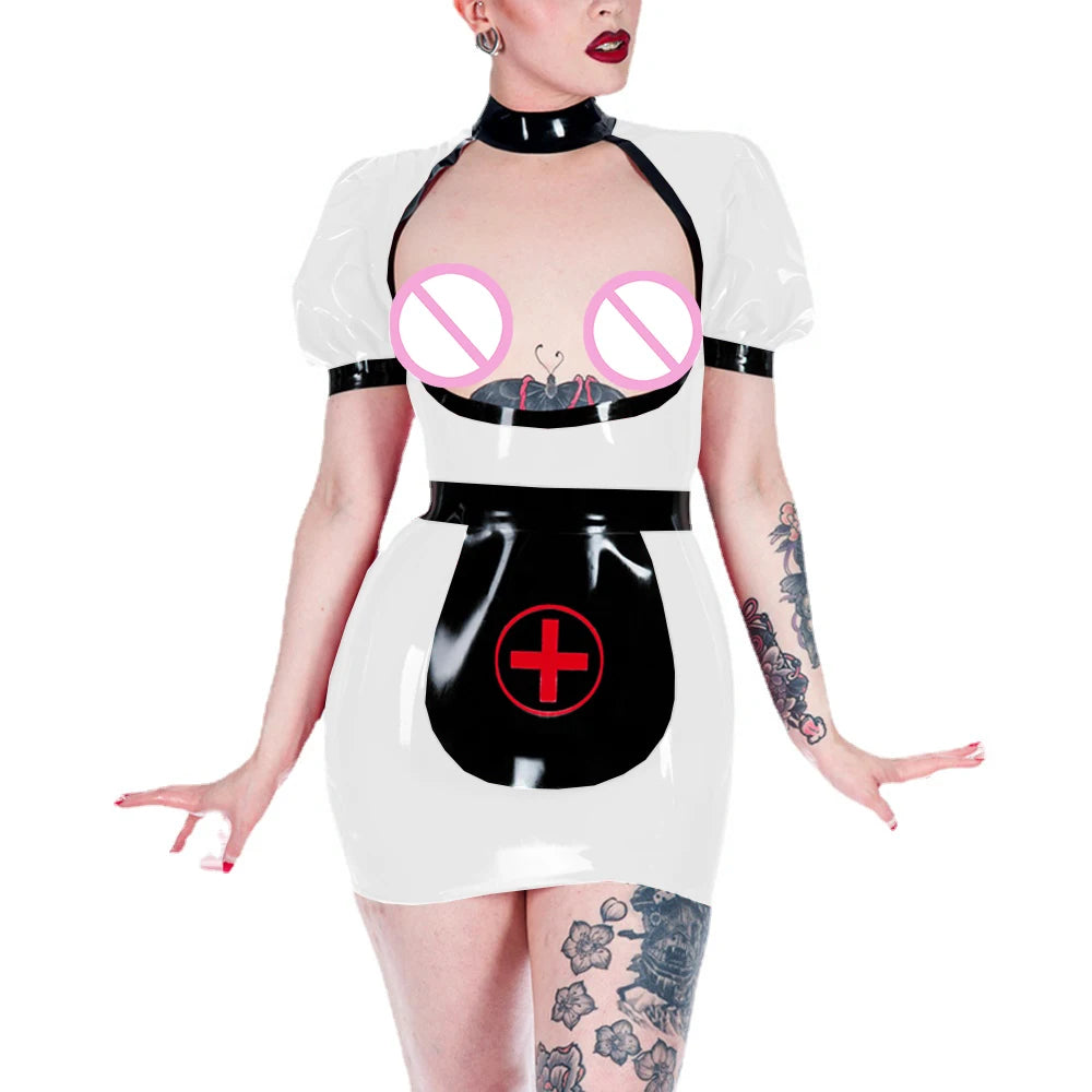 Sexy Shiny PVC Open Chest Apron Nurse Uniform Exotic Party Hip Exposed Bodycon Mini Dress Fetish Cosplay Costumes Role Play Set
