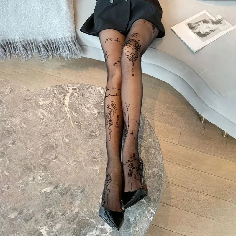 Women Sexy Tights with Patterned Tattoos Pantyhose Inscriptions Flower Letter Ladies Thin Long Black Stockings