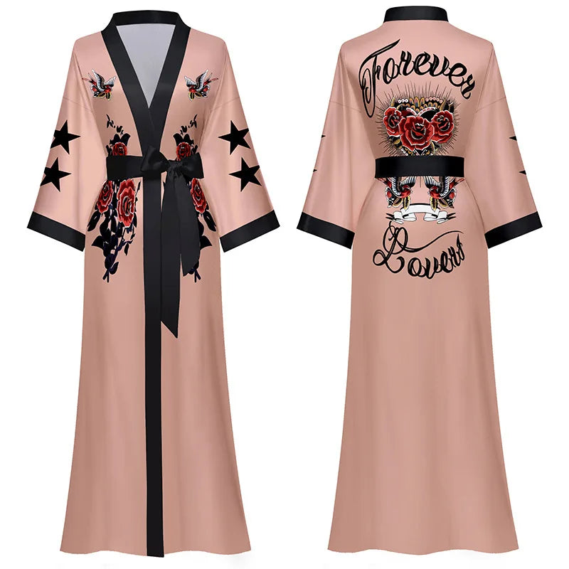 Oversize Long Robe Spring Summer Women Sleepwear Kimono Bathrobe Gown Sexy Satin Nightwear Nightgown Loose Home Dressing Gown