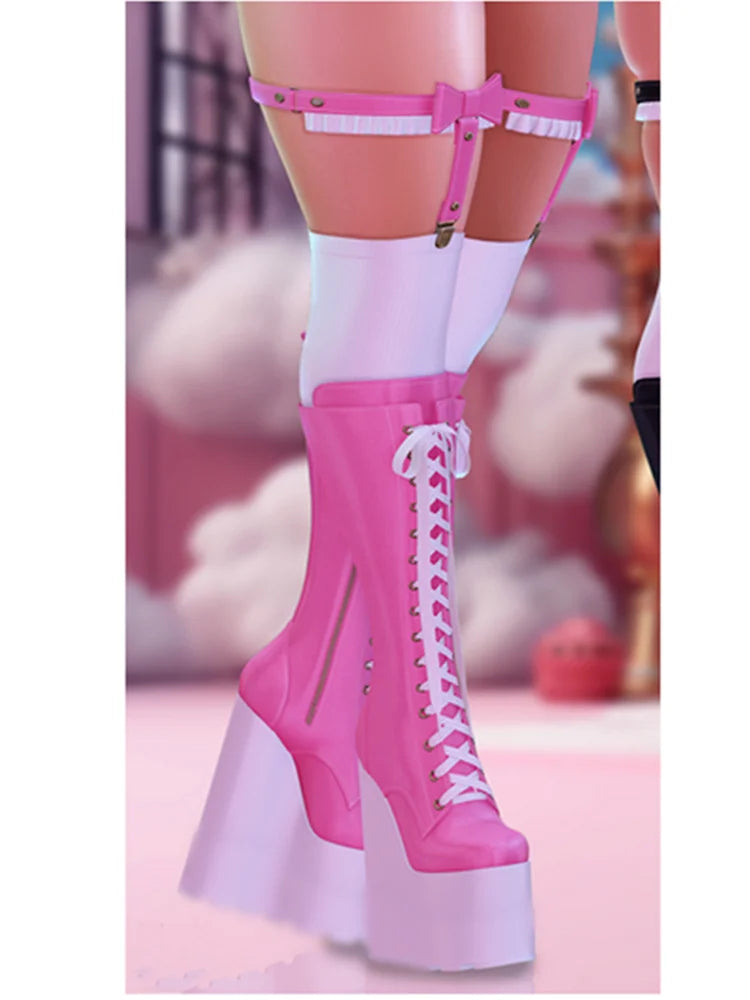 Black Bow Knot Lace Up Knee High Boots Platform Zipper Fashionable Sexy Cool Western Winter Woman Shoes Zapatillas Mujer
