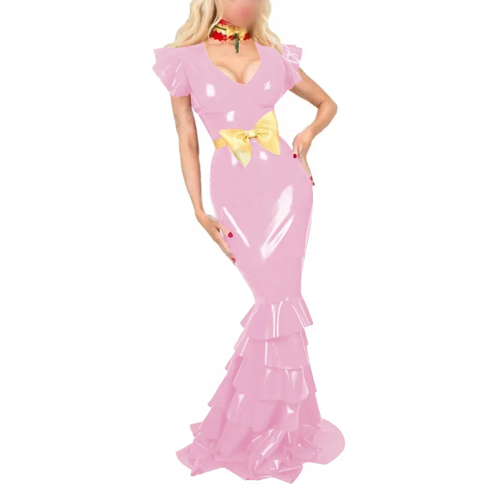Plus Size Sexy V Neck Hobble Dress Vestido PVC Leather Short Sleeve Slim Ruffled Design Bodycon Maxi Dress Banquet Venue Gown