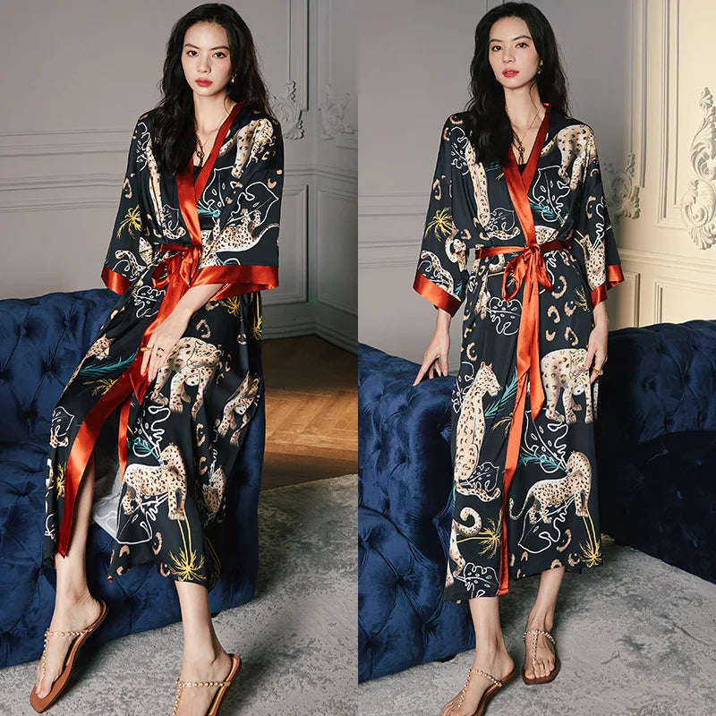 Satin Pajamas Womens Robe for Summer Plus Size Luxury Design Fashion Printing Silk Cool Long Style Bathrobe Womens Long Robes