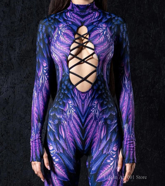 Hollow Out Bandage 3D Evil Feather Party Cosplay Sexy Bodysuit Halloween Carnival Party Costume Yoga Cloth Zentai Tight Jumpsuit