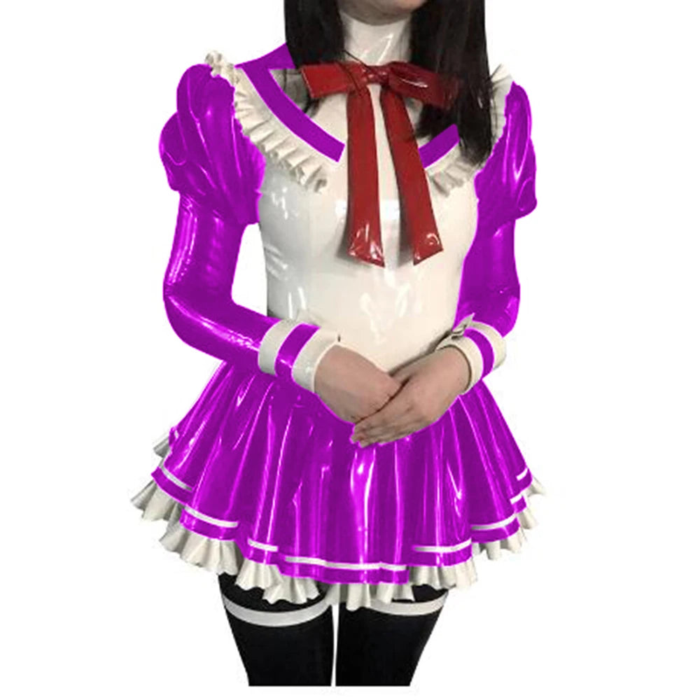 Cosplay Custom Mini Dress Sexy Faux Latex French Maid Club Dresses Long Puffs Sleeves Ruffles PVC Uniform Outfit Clubwear