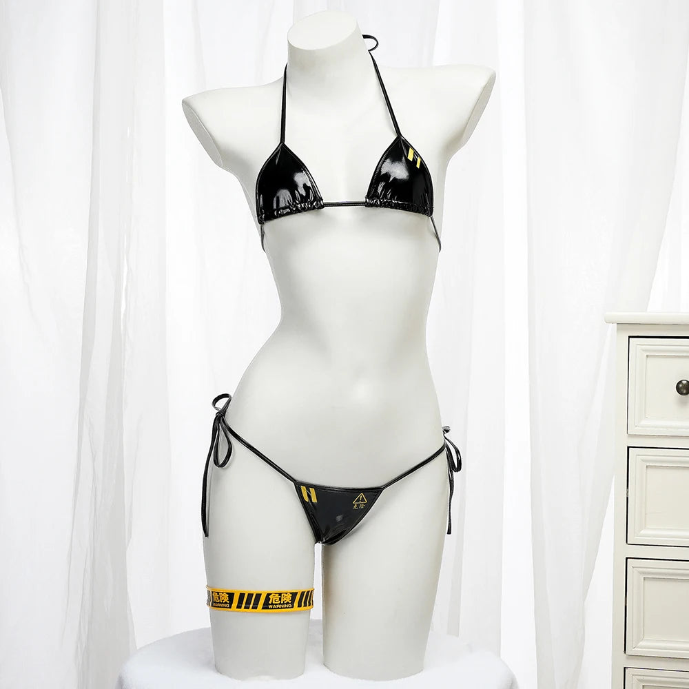 Danger Caution Print Swimsuit Low Waist Bikinis Sets