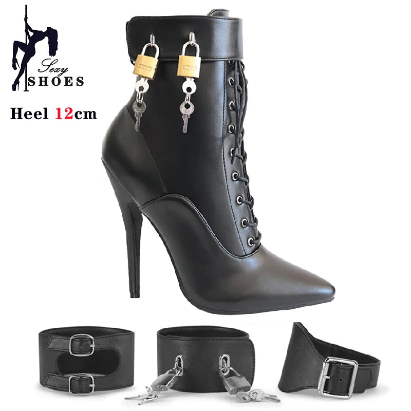 New High Heel 12cm Stilleto Sexy Ankle Boots Pointed Toe Two Lockable Padlocks Women Shoes T Show Thin High Heels Plus Size