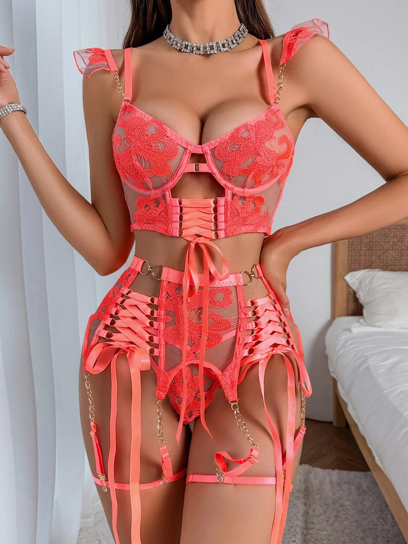 Toucheart 4-Piece Embroidered See-Through Ultra-Thin Bra Hollow Body Shaping Sexy Set For Women Mesh Patchwork Underwear Suit