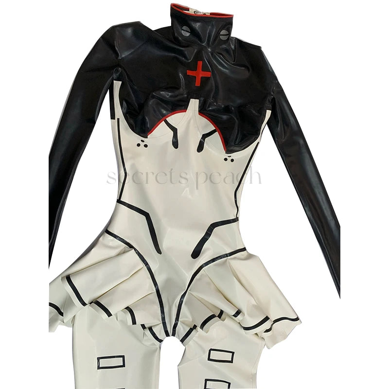 Latex Catsuit Cosplay Nun Latex Fullbody Suit With Zipper With Lace Latex Lolita Catsuit CUSTOMIZED