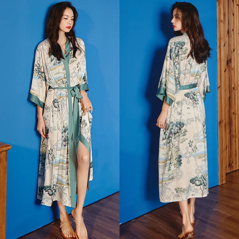 Oversize Long Robe Spring Summer Women Sleepwear Kimono Bathrobe Gown Sexy Satin Nightwear Nightgown Loose Home Dressing Gown