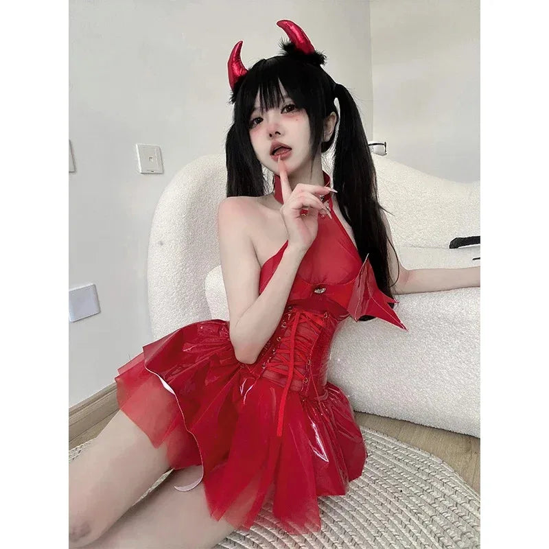 A Litter Of Bears Women Sexy Clubwear Anime Red Devil Erotic Lingerie PU Leather Bandage Temptation Halter Neck Vampir 2025 New