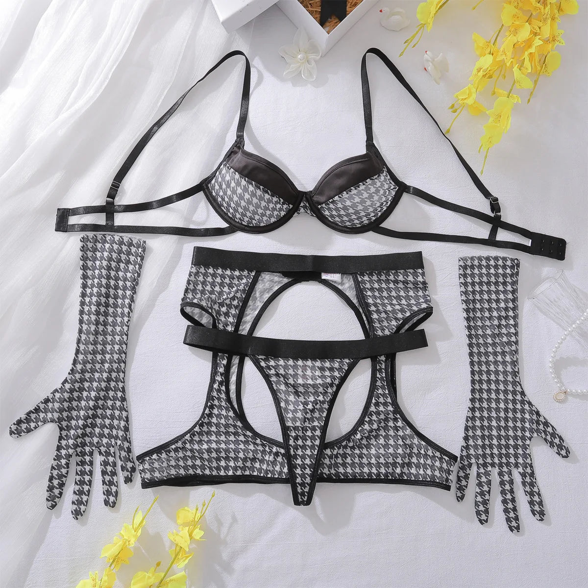 Toucheart Sexy Lingerie Suit for Women Sexy Bra Set Fashion Plaid Patchwork Sexy Lingerie Four-piece Set Women's Underwear Set