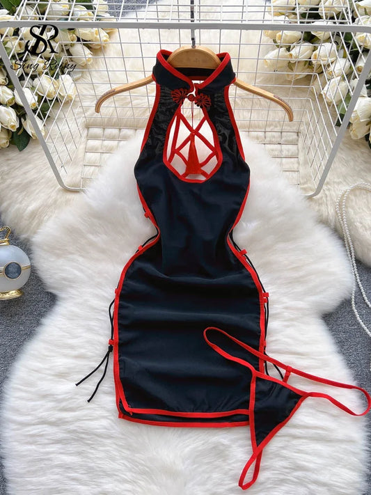 SINGREINY Women Halter Pajamas Dress Hollow Out Lace-up Slim Erotic Short Night Dress Pendant Retro Cheongsam Sexy Nightwear