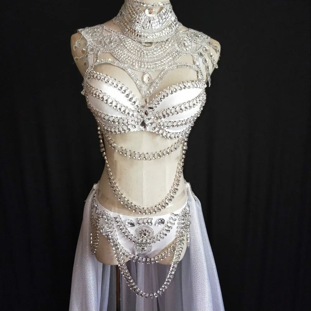 Taylor Swift Show Girl Replica Costume Women's White Gold Rhinestones Bikini Long Trailing Skirt Set Singer Host Stage Outfit Model Catwalk Performance Costume