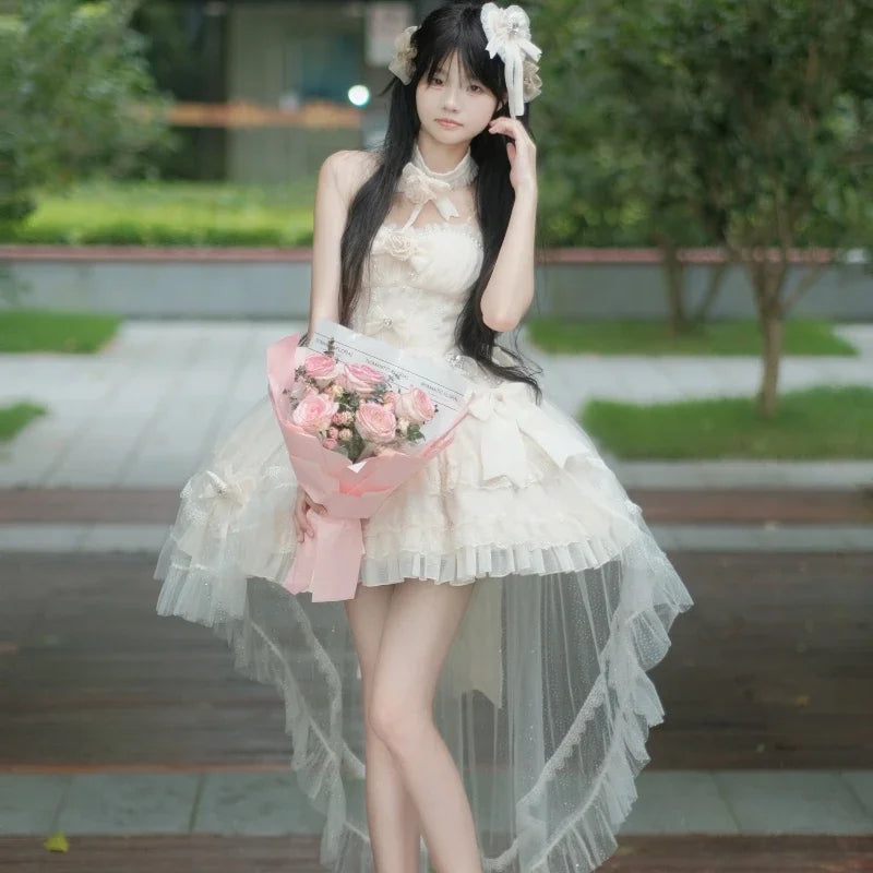Red Lolita Strapless Dress Spring and Summer New Sweet Girl Ladies High Waist Elegant with Tail Party Short Dresses for Women