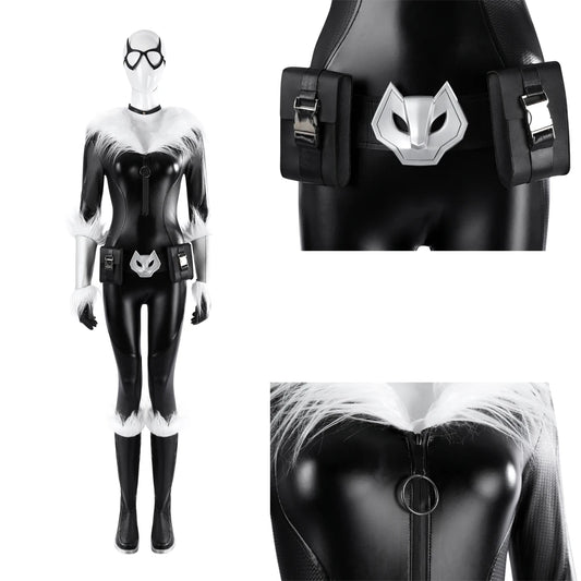 Sexy Zentai Black Cat Felicia Hardy Cosplay Fortnit e Costume Leather Jumpsuit Mask Waist Bag Accessories  Halloween Uniform