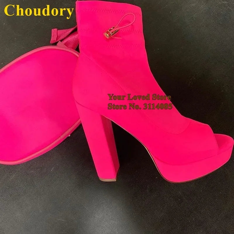 Choudory Lime Green Hot Pink Stretch Lycra Short Boots Chunky Heels Platform Ankle Boots Lace-up Open Toe Dress Shoes Pumps
