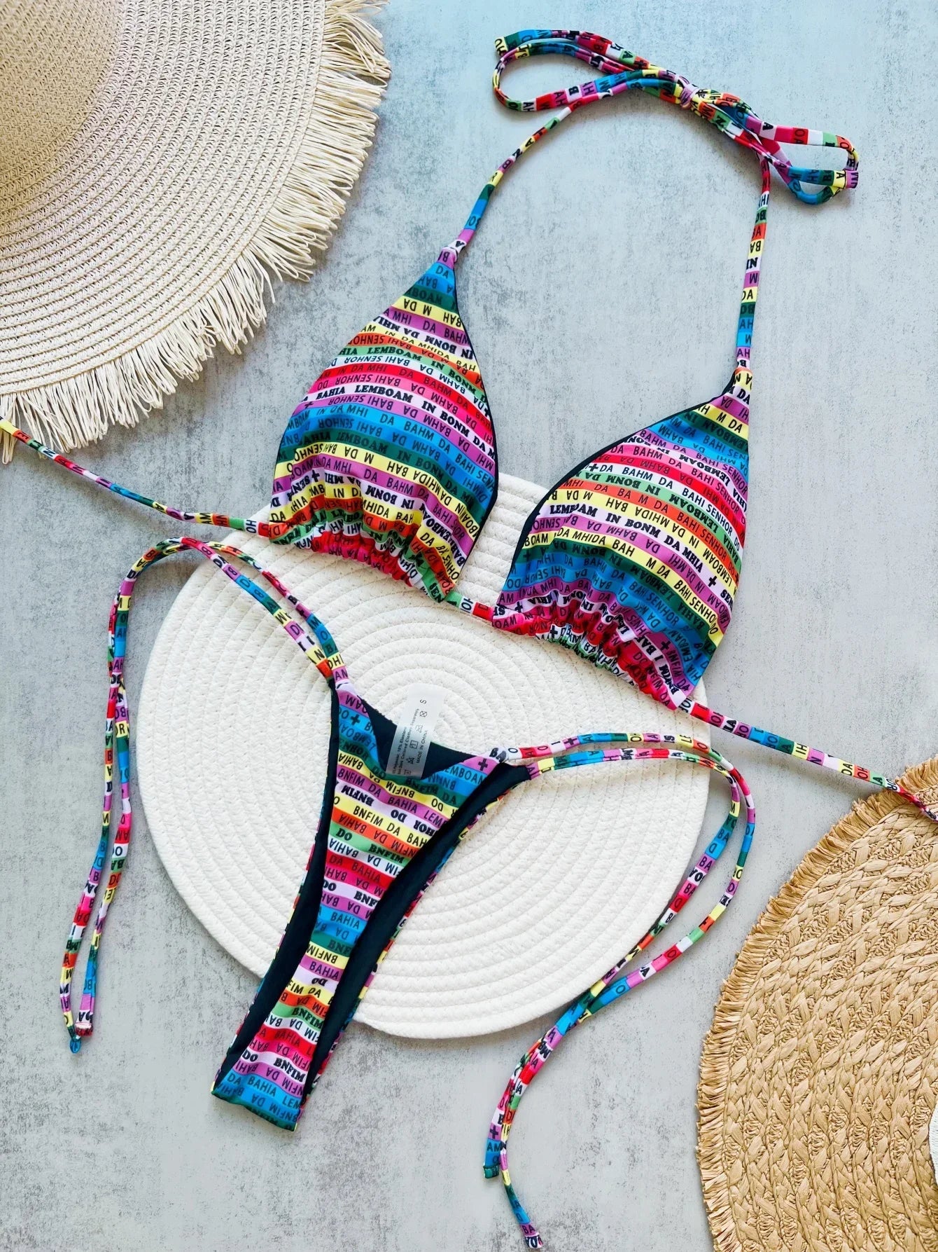 RUOTONSEPT Women's Printed Thong Bikini Set - Colorful Letter Design 2-Piece Swimwear