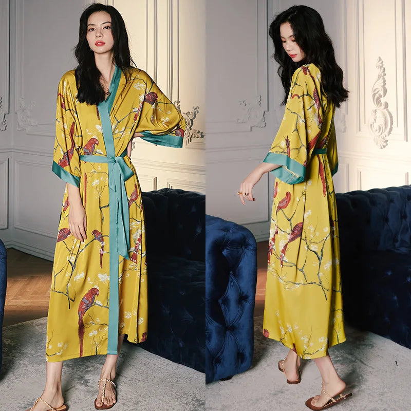 Oversize Long Robe Spring Summer Women Sleepwear Kimono Bathrobe Gown Sexy Satin Nightwear Nightgown Loose Home Dressing Gown