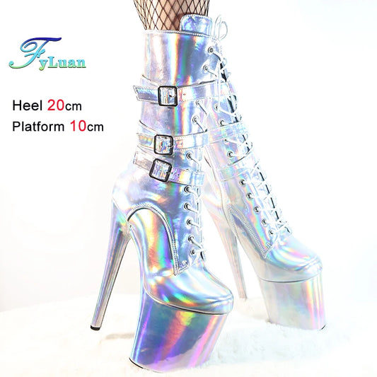 Woman Heels Pole Dance Shoes Exotic Woman Ankle Boots 8Inch/20CM Mid-Calf Laser Color Striptease Shoes Buckle Platform Heels
