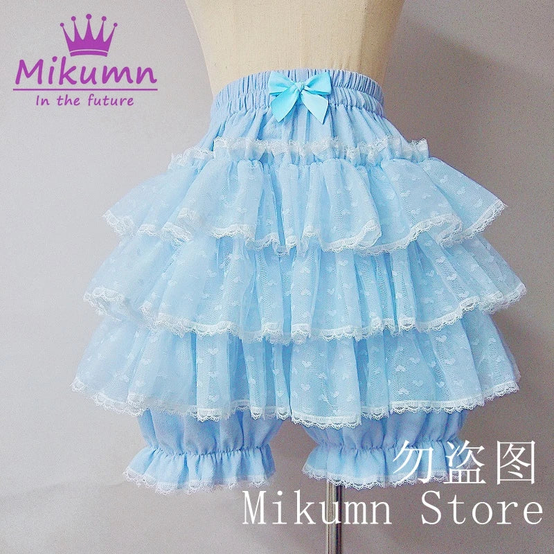 Mikumn Harajuku Kawaii Blue Ruffles Pumpkin Pants Women Cute Lace Bow Lolita Safety Short Pants Vintage Victorian Bloomers