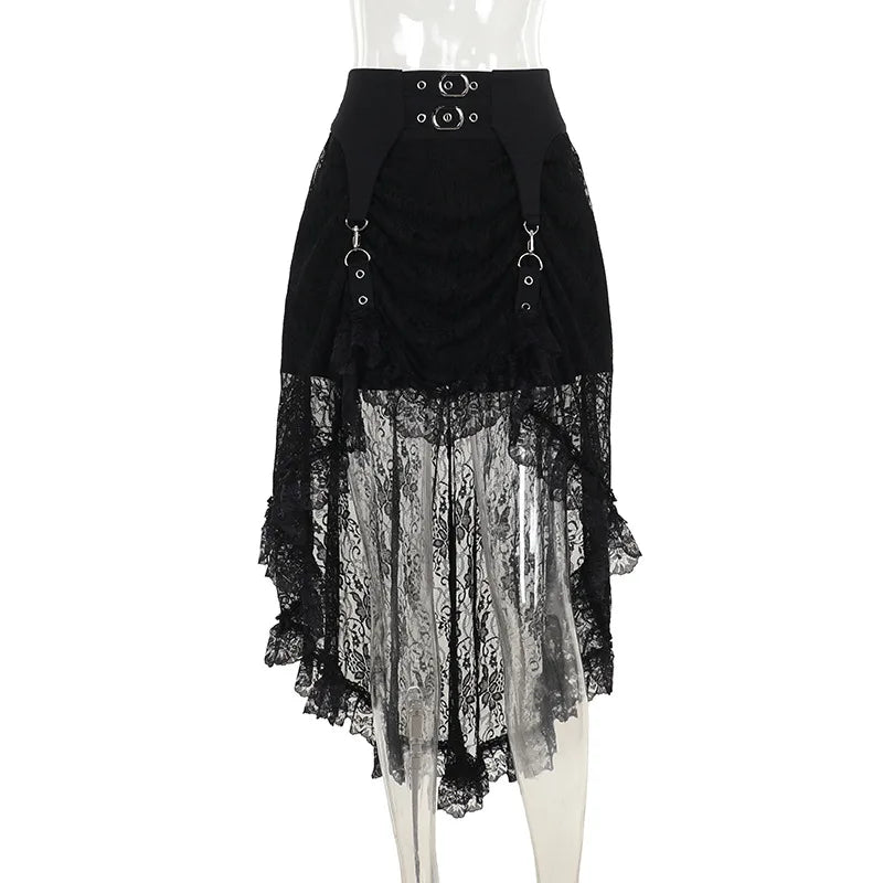 Goth Dark Irregular Hem Lace Patchwork Skirts Fairy Grunge Metal Buckle Zip Streetwear Chic Bottoms Mall Gothic Women Alt Skirts