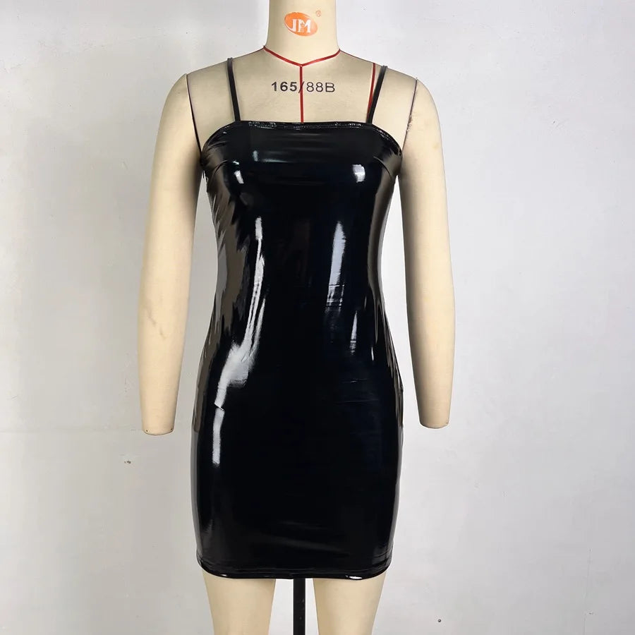 New Sexy Faux Leather Dress Backless Club Party Short Dress Solid Yellow Wet Look Latex Bodycon Push Up Bra Mini Micro Dress