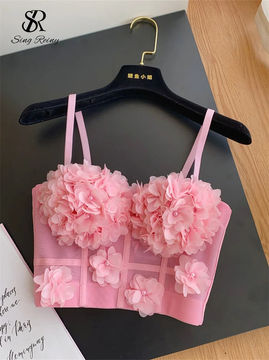 SINGREINY Lace Gauze 3D Flowers Sexy Camisole Women Deading Design Slim Top Fashion Streetwear Ladies Short French Sweet Camis